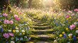 © peacefy - A whimsical stone steps path weaves through a vibrant wildflower meadow in the soft glow of sunlight. Each step invites a journey into a scene of serenity.