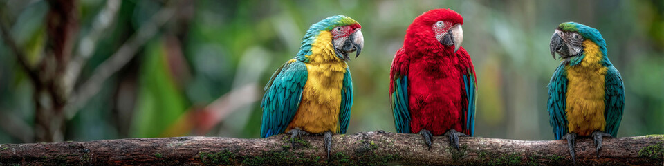 Naklejka na meble Colorful Parrots Perched on Tree Branch in Tropical Forest, Vibrant Wildlife Scene with Macaws