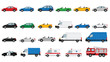 © Elizabeth - Colorful collection of various vehicle types including cars, vans, trucks, and emergency services vehicles are displayed in a flat vector style.