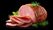 © liliyabatyrova - Savory sliced ham beautifully displayed on a dark surface, accentuated with fresh herbs. This tasty meat snack offers a delightful flavor, perfect for any occasion