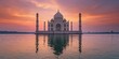 © DigitalDruid - Rear view of the iconic monument along a river with a fiery sunset sky reflected in the water at dusk, preservation