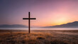 © Olha Havelia - a solitary wooden cross standing in a quiet field of soft wheat, early dawn atmosphere, gentle mist hugging the ground, distant mountains barely visible, muted pastel sky with soft