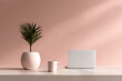 © SuzeO - workstation aesthetics, a vibrant desk with plants and colorful accessories promotes a joyful and productive atmosphere, ideal for a dopamine lifestyle large copy space available