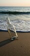 © Kathy - Clear glass bottle resting on damp coastal sand near the gently receding tide, capturing the essence of ocean travel and maritime mystery ,discovery ,washed up ,journey