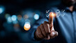 © Kateryna - Faceless man's finger touching digital interface with checkmarks heavily defocused background anonymous hand with clipboard icons representing tasks completion visualization pro