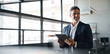 © insta_photos - Happy middle aged business man ceo wearing suit standing in office using digital tablet. Smiling mature businessman professional executive manager looking away working on tech device. Banner.