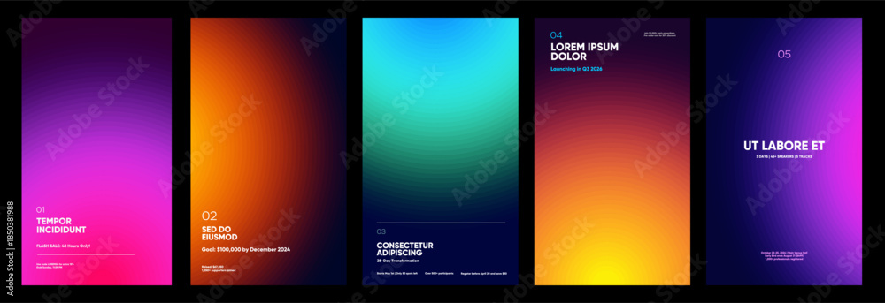 A set of five vibrant gradient posters, each featuring bold typography ...