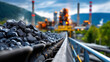 © Laura - High detail image of conveyor belt transporting freshly mined black coal with steel factory backdrop, industrial smokestacks and processing equipment in defocused background, with