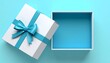 © Haji - Open gift White box tied with blue ribbon, box lid adjacent, on a bright blue background, top-down perspective