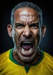 © David Giraud - Portrait d'un supporter brésilien de football d'âge mûr, en colère, portant le maillot de l'équipe nationale, la bouche ouverte dans une colère et une passion extrêmes sur fond noir.