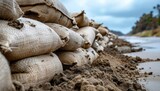 Flood Barrier Sandbags Protecting Coastline from Rising Water