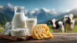 © InfiniteStudio - Fresh milk and cheese displayed on a wooden table with cows grazing in the background during sunny day in the mountains