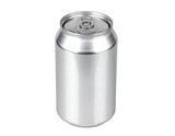 A close-up shot of a sleek, silver, cylindrical aluminum beverage container