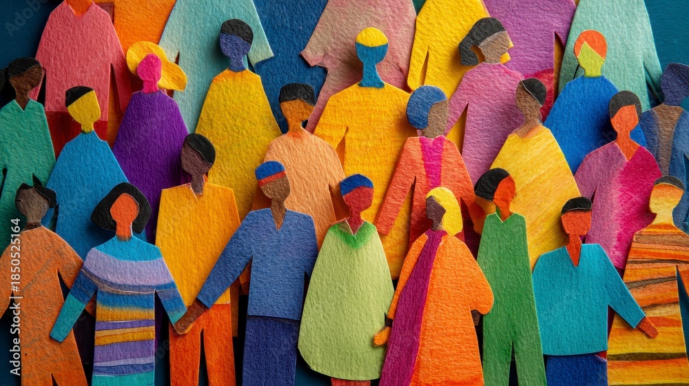 A vibrant composition featuring diverse paper cut-out figures, symbolizing unity. They overlap against a dark blue background