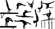 © MstNilufar - Gymnastics silhouette collection featuring female athletes performing stunts, balance beam, uneven bars, handstand, split jump, sport vector illustration set
