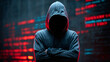 © fadi - Hooded hacker figure with red binary code overlay cybercrime technology threat