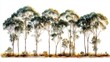 © btiger - row of tall slender trees with green canopies and golden underbrush on white background, peaceful serene mood