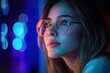 © bright - young person in round glasses gazing toward neon blue bokeh lights with warm orange reflections, teal rim-lit hair and cozy textured sweater, contemplative dreamy night mood