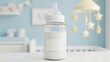 © Neo - Pristine and comforting glass baby bottle filled with creamy white milk, presented with a minimalist aesthetic and soft, diffused lighting within a serene pastel blue nursery setting, intended for use