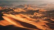 © florynstudio3 - Vast panoramic vista of rolling golden dunes under a hazy atmospheric sky, revealing distant eroded mountain ridges