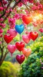 © chokdeelaw - Colorful heart balloons tied to a tree branch with red and pink flowers surrounding them