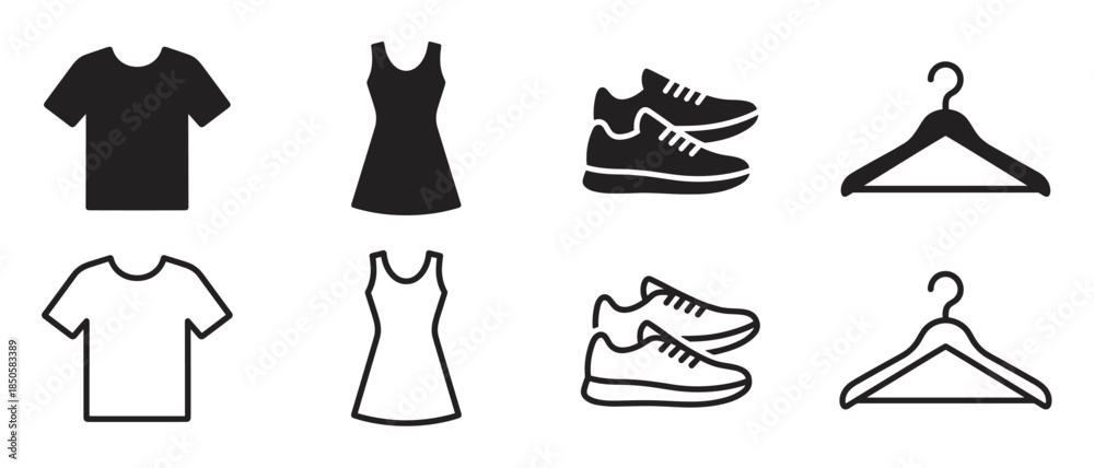 Black and white clothing icon set featuring a t-shirt, dress, sneakers, and hanger in both solid silhouette and simple outline styles for user interface design
