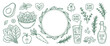 © Mr. Stocker - Hand-drawn collection of green line art illustrations featuring healthy plant-based food like salad, avocado, smoothie, and vegetables for a vegan and vegetarian lifestyle concept