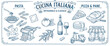 © Mr. Stocker - Vintage blue line art illustrations of traditional Italian food and culture, with pasta, pizza, wine, cheese, olives, and a scooter in a classic hand-drawn sketch style