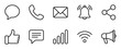 © Mr. Stocker - Collection of black line art icons for communication and social media, including a phone, email, notification, share, like, and message symbol for web and mobile interfaces
