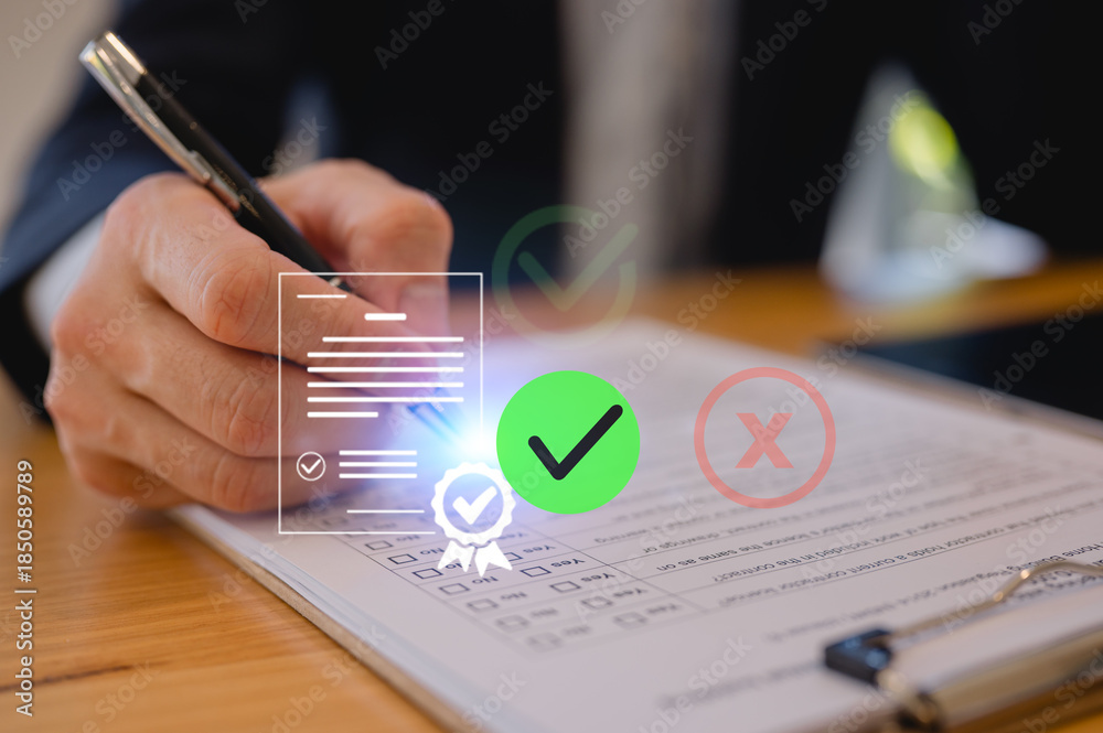 Man using pen review and signing on paperwork document, document data ...