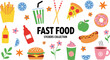 © MdMunzurul - Flat vector illustration set of fast food stickers featuring burger pizza hotdog donut french fries and coffee drinks.