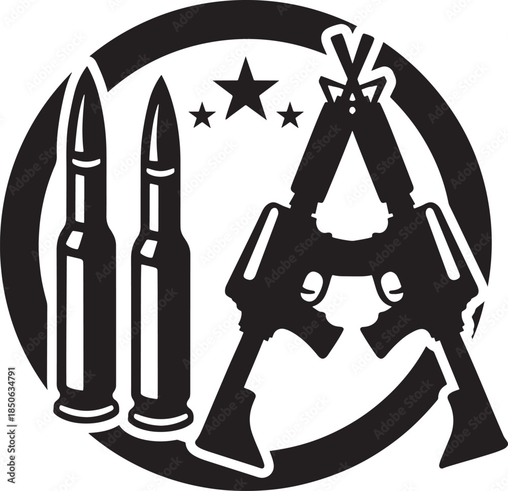 5 Rifles Emblem Militaristic logo featuring crossed rifles, two bullets, and stars in a ...
