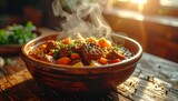 Steaming bowl of stew on a wooden table
