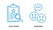 © Jawad - Vector illustration of Two blue line art icons depicting evaluation with a clipboard star and magnifying glass, and response with happy and sad faces in speech bubbles, isolated on white