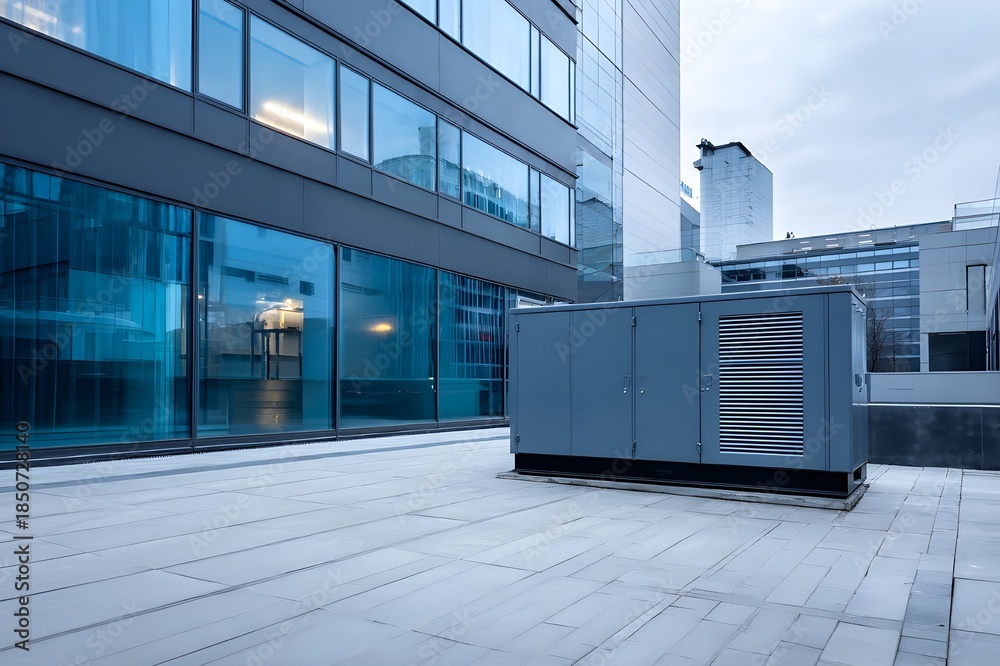 Large commercial backup generator behind office building, reliable ...