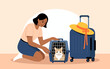 © Shufen - An illustration depicting a woman preparing her cat for travel in a pet carrier, highlighting themes of companionship and adventure in a warm and friendly design.