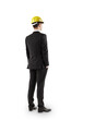 © Who is Danny - Man in black suit and yellow hard hat standing with back view on white background, clean layout concept for business and construction themes