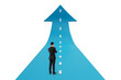 © Who is Danny - Businessman from rear view thinking on blue arrow road pointing upward, isolated on white background, concept of direction and future vision