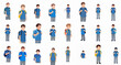 © Sabiqul - Collection of various cartoon vector illustrations featuring young elementary school boys wearing backpacks and blue uniforms, standing happily for back to school and education concepts.