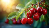 Glossy red cherries on branch, sunlit leaves, serene summer orchard, fresh fruit, seasonal harvest photography, with copy space