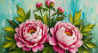 © printartist - Oil Painting of Pink Peony Flowers and Buds 3D Floral Relief Mural wallpape, floral landscapes. 3d floral art, floral wallpaper, Luxurious textile tile wall art