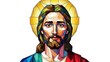 © Yuliia - Stained glass style portrait of Jesus Christ with golden halo and colorful robes, religious art for spiritual designs and church decorations.
