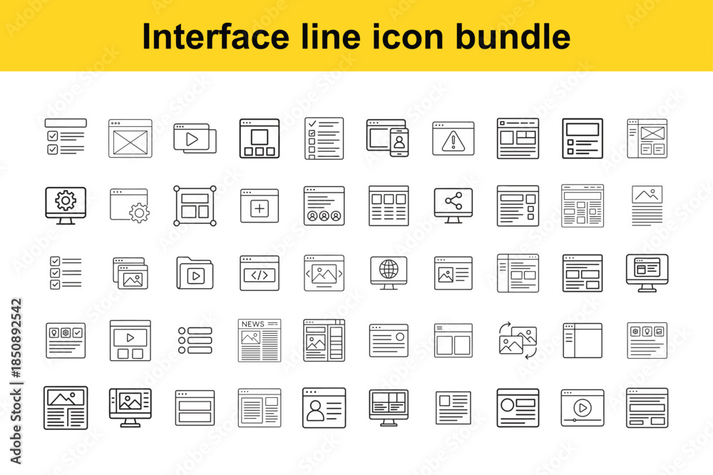 A comprehensive collection of minimalist interface line icons depicting ...