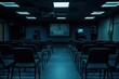 © HO - A dimly lit auditorium with rows of empty chairs facing a large screen displaying a presentation. The room is filled with a sense of anticipation as the audience awaits the start of the event.