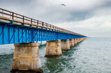 Seven Mile Bridge sous un ciel nuageux, avec un pélican en vol, The Keys, Floride