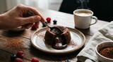 Closeup of a hand scooping into a delicious chocolate lava cake with a spoon served on a rustic wooden table alongside a cup of coffee and fresh berries.