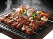 © Jay - Grilled meat skewers sizzling on a barbecue grill with vegetables and smoke