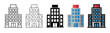 © David - Set of five building icons in various graphic styles including clean line art, hand-drawn sketch, black silhouette, and flat color design for architecture or real estate