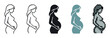 © Sophia - Set of five pregnant woman icons showing different artistic styles including line art, sketch, solid silhouette, and pixel art for maternity and motherhood concepts