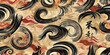 © nusyer - Abstract oriental pattern of black brush strokes and red waves on aged beige paper